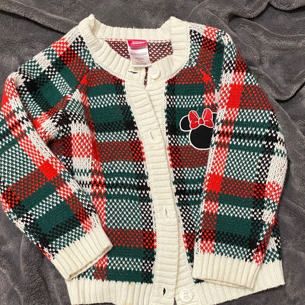 Disney Cream Plaid Cardigan with Red & Green Accents